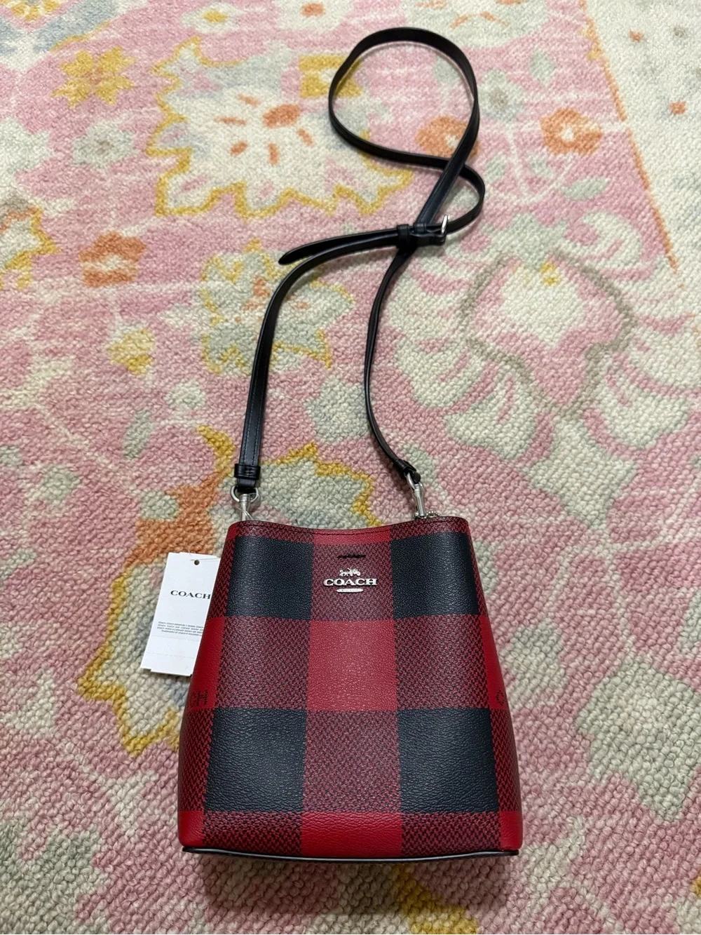 NWT Coach Mini Town Bucket Bag Black/1941 Red Buffalo Plaid Crossbody C7267